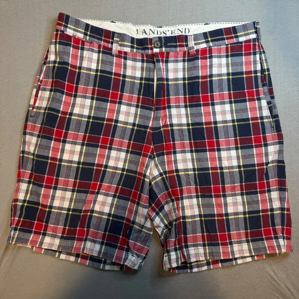 Lands End Mens Plaid Chino Shorts Red Navy Blue White Cotton Size 37 345744